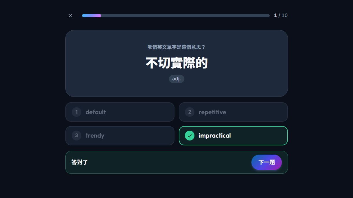 每日測驗題目「不切實際的」，答對 impractical