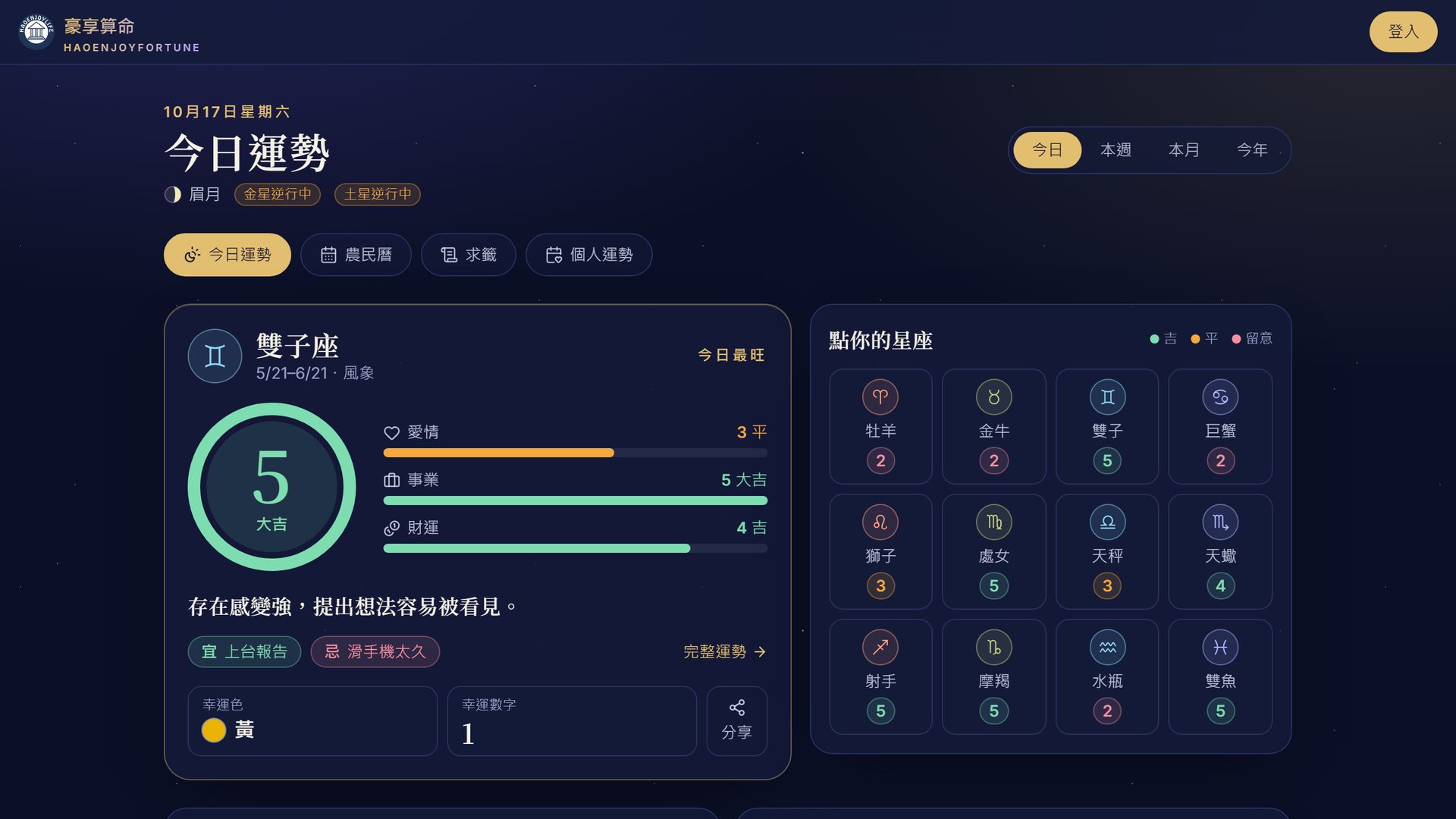 豪享算命首頁的 12 星座今日運勢